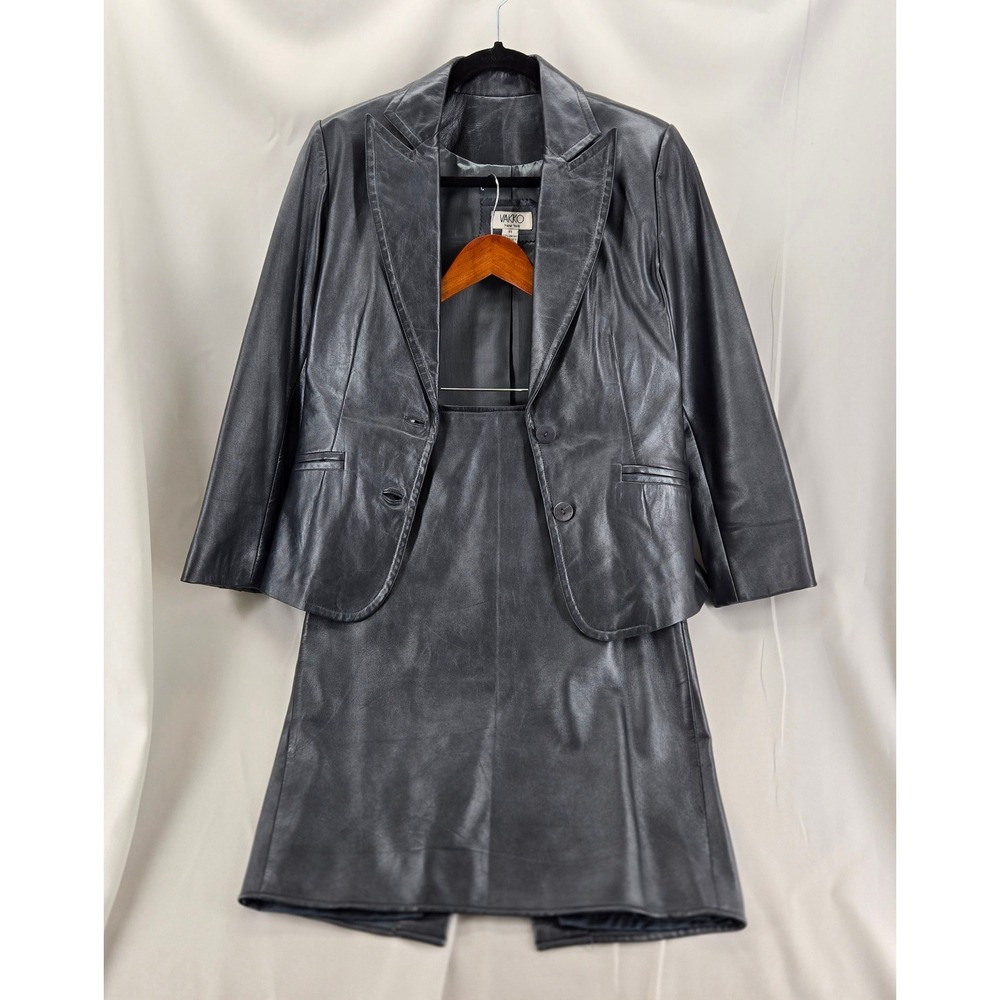 Vintage VAKKO New York Leather Skirt Blazer Suit Set Gunmetal Gray 2PC XS
